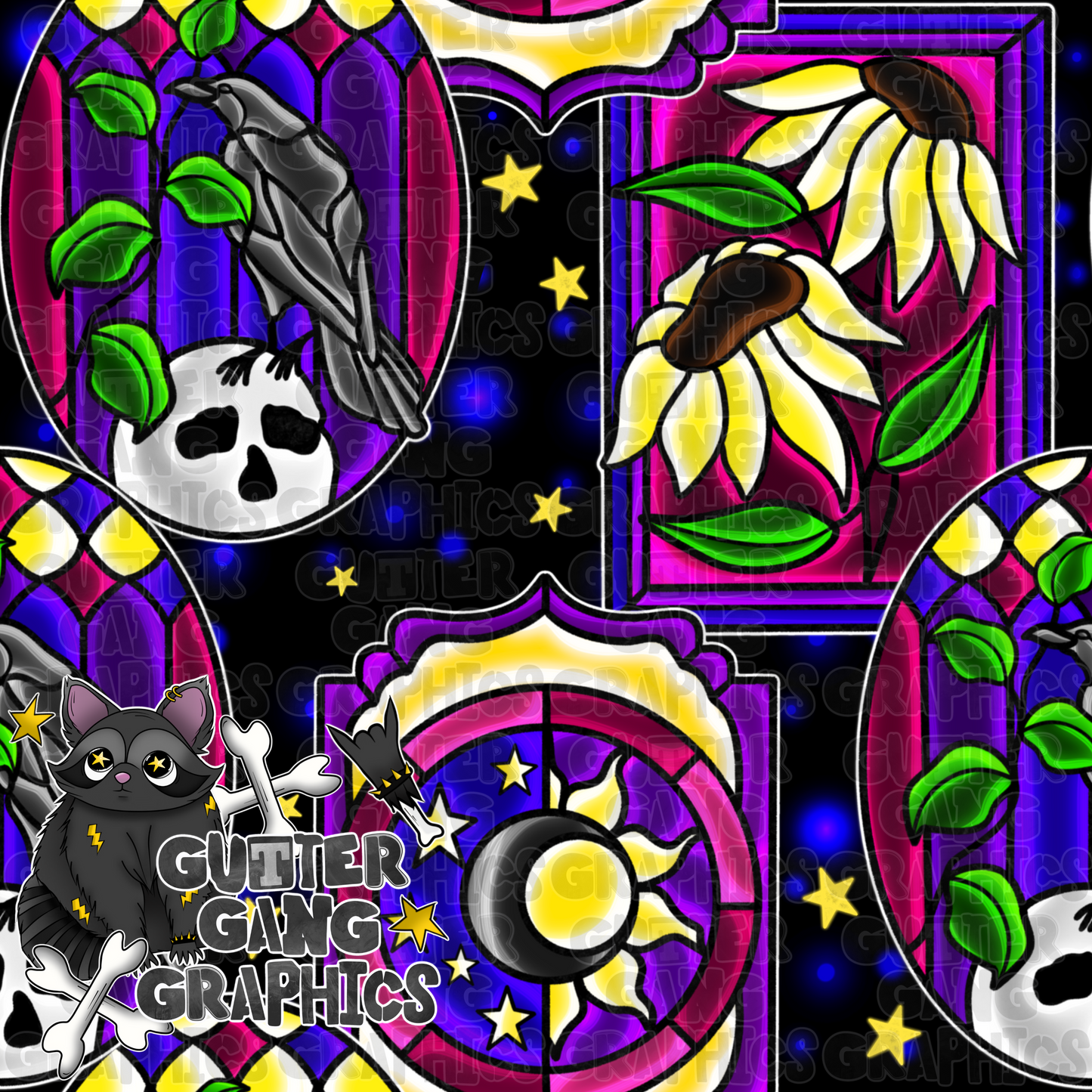 Stained Glass Sunny Crows Seamless File